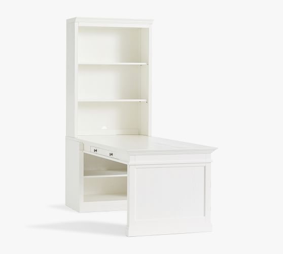 white peninsula desk with bookcase