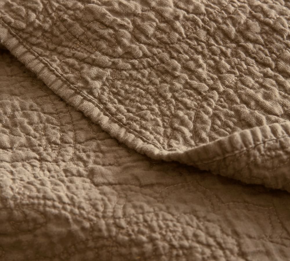 White Belgian Flax Linen Floral Stitch Quilt & Sham | Pottery Barn