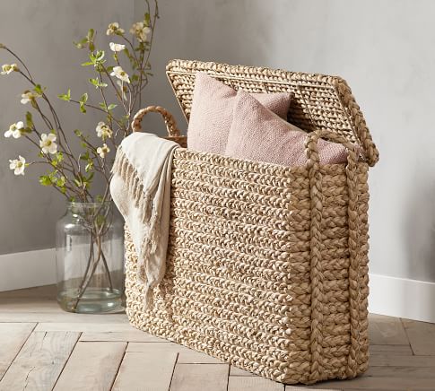 Beachcomber Basket Natural, Oversized Narrow Rectangle Basket with Lid
