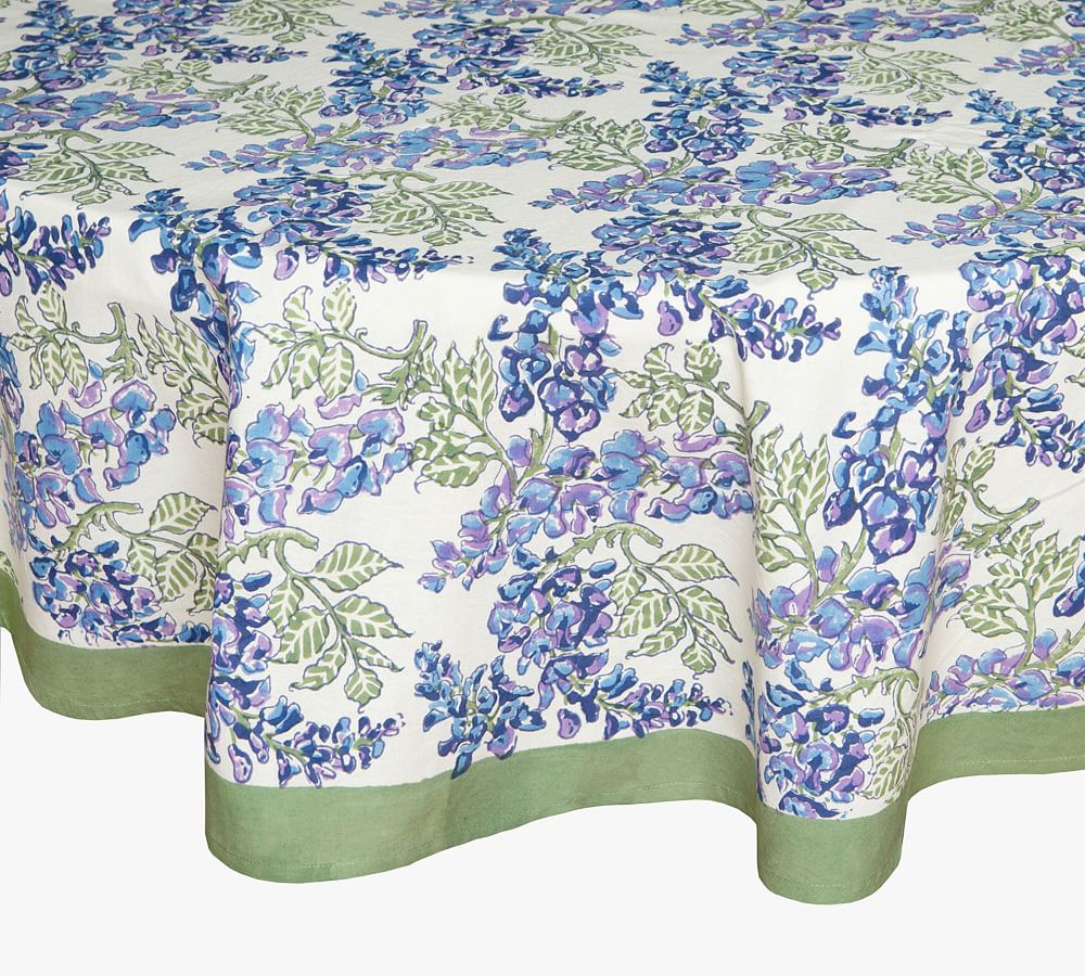 Wisteria Blockprint Cotton Round Tablecloth Pottery Barn