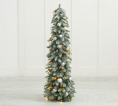 Pre-Lit Faux Frosted Pine Christmas Tree With Ornaments - 4' | Pottery Barn