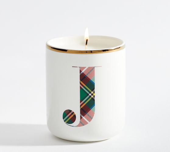 Stewart Plaid Alphabet Scented Candle - Winter Spruce | Pottery Barn