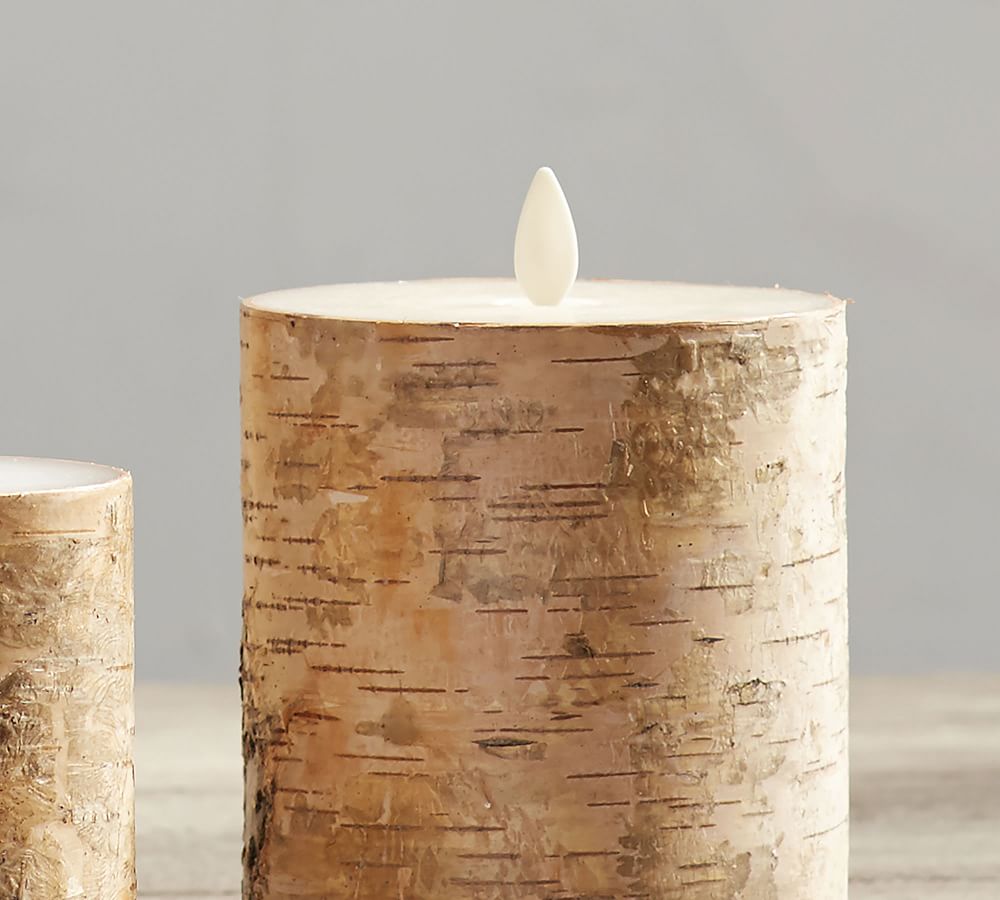 Premium Flickering Flameless Wax Pillar Candles Textured Birch