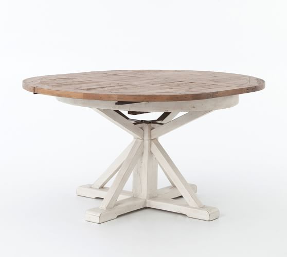 hart round reclaimed wood pedestal extending dining table