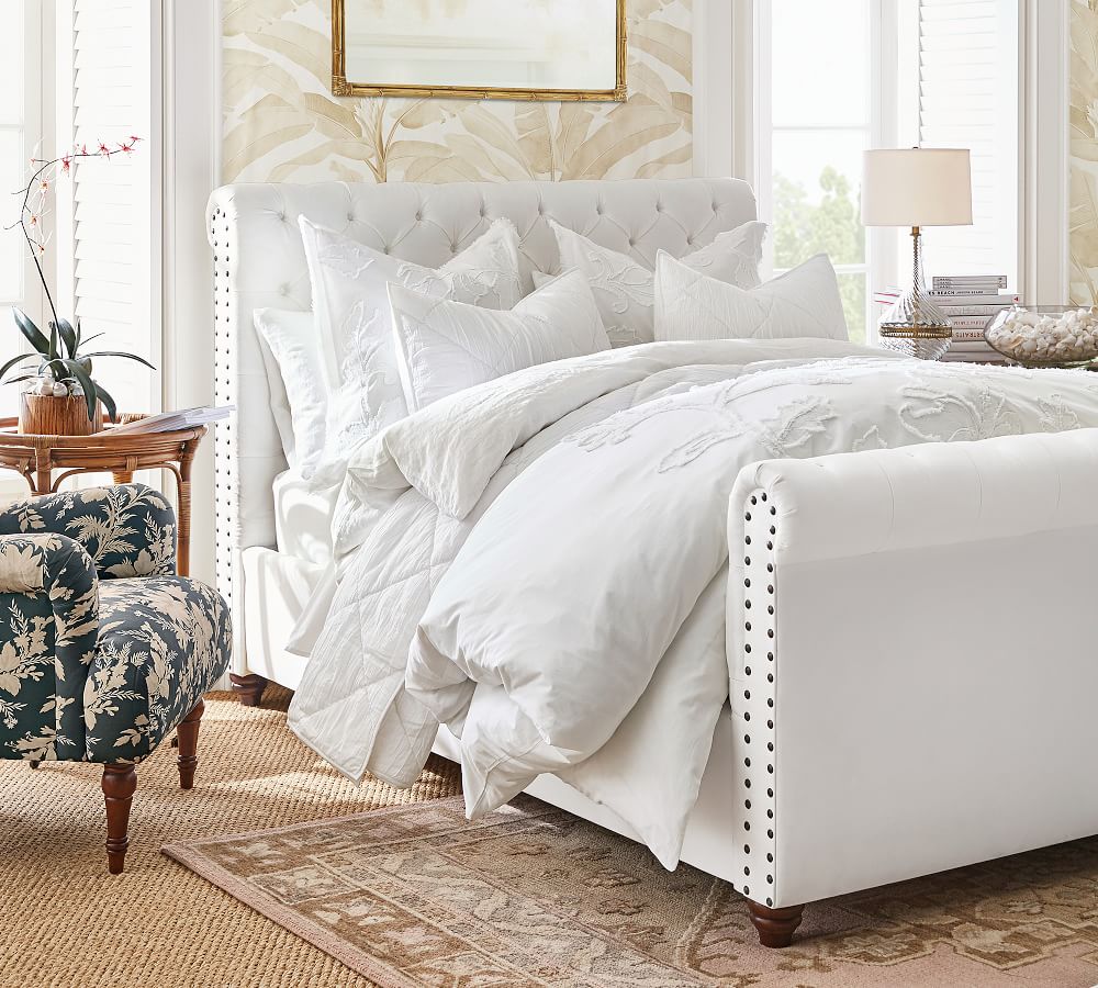 Chesterfield Upholstered California King Bed with Tall Footboard, Twill