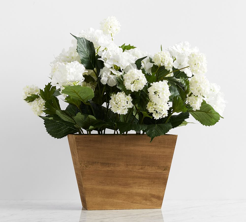 Faux Snowball Hydrangea Flower Arrangement In Wood Planter Pottery Barn