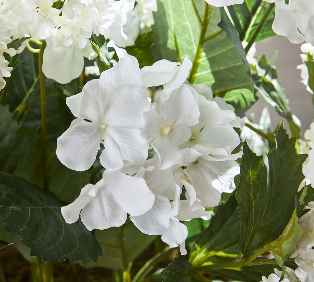Faux Snowball Hydrangea Flower Arrangement In Wood Planter Pottery Barn