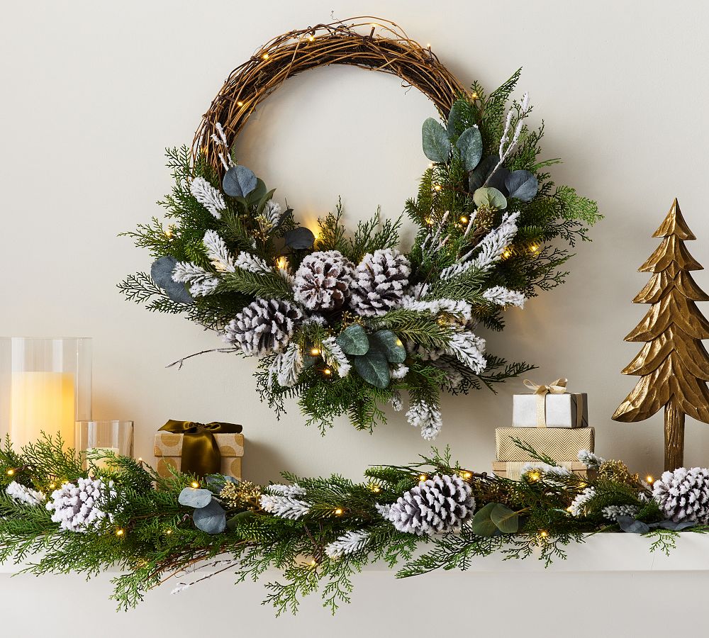 PreLit Faux Frosted Greens & Pinecones Wreath & Garland Pottery Barn