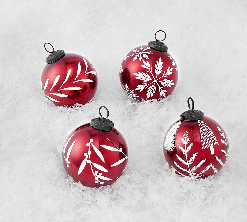 Red Etched Mercury Glass Ball Ornaments Set of 4 Pottery Barn