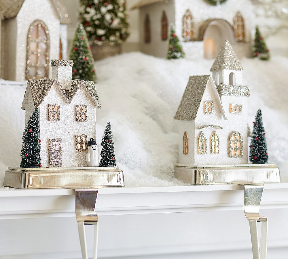 Lit German Glitter Village Houses Stocking Holders | Pottery Barn