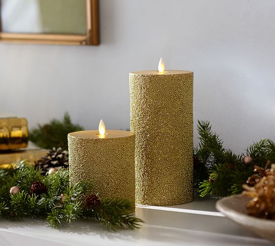 Premium Flicker Flameless Wax Pillar Candle Gold Beaded Pottery Barn
