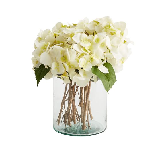 Faux White Hydrangea Arrangement in Glass Vase Artificial Flowers