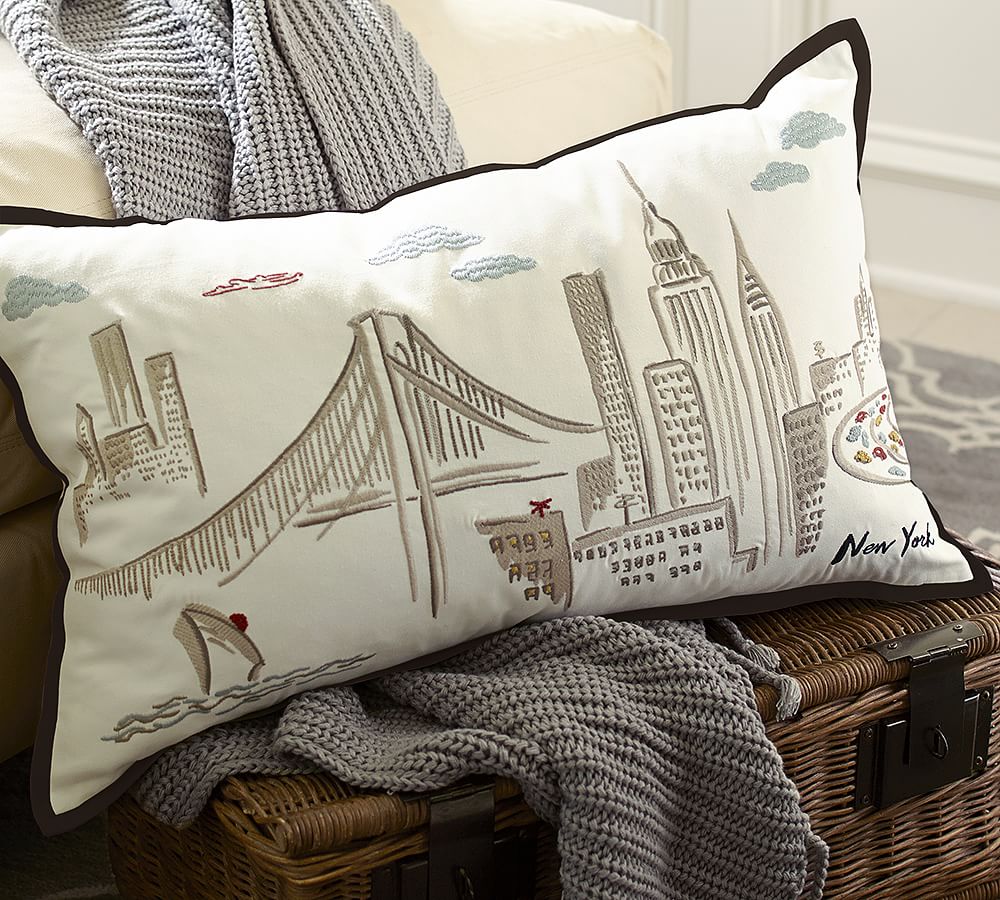 New York City Embroidered Lumbar Decorative Pillow Cover Pottery Barn