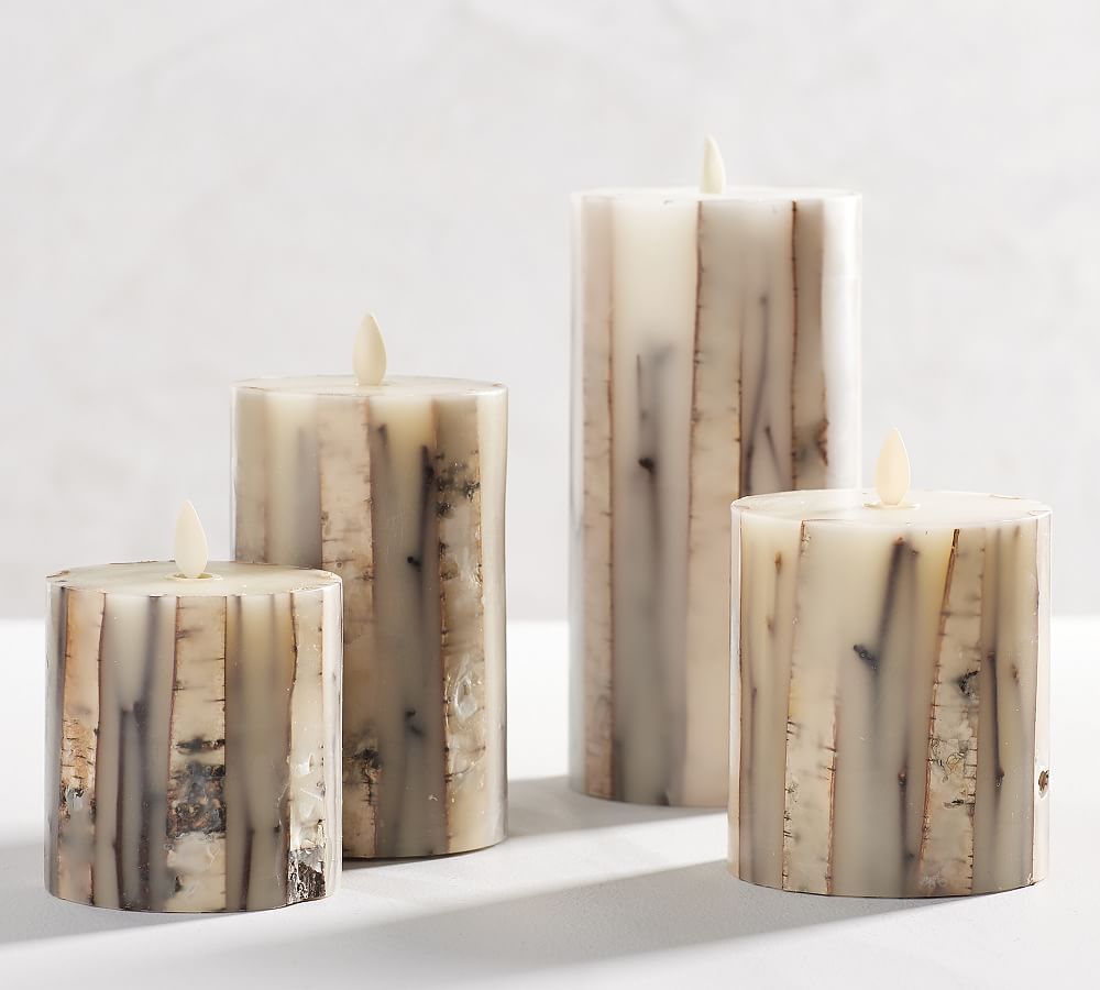 Premium Flicker Flameless Birch & Stick Inclusion Pillar Candle