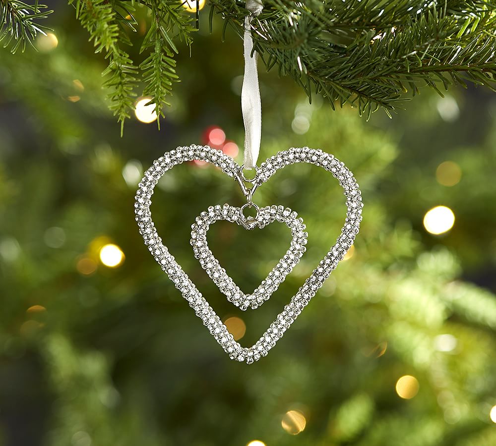 Double Hanging Beaded Heart Christmas Ornament Pottery Barn