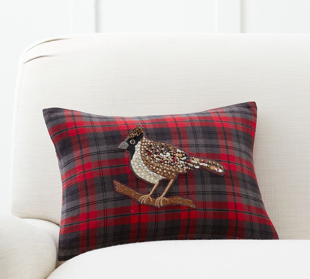 Jeweled Bird Plaid Decorative Pillow Cover Pottery Barn