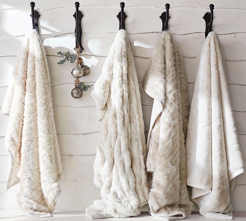 Ivory Gathered Faux Fur Throw Blanket Pottery Barn