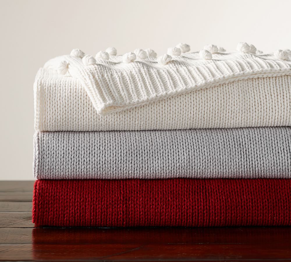 Mini Pom Pom Knit Throw Blanket Pottery Barn
