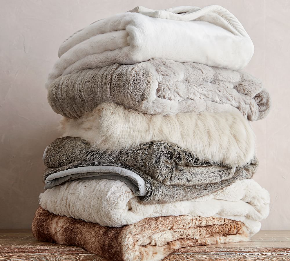 Ivory Gathered Faux Fur Throw Blanket Pottery Barn