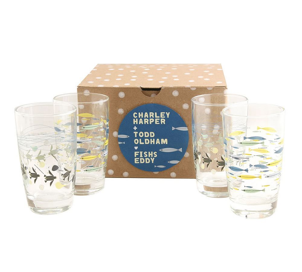 Fishs Eddy Oldham & Harper Underwater Glasses, Mixed Set Of 4 Pottery