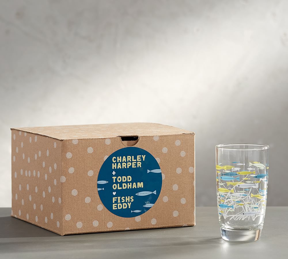 Fishs Eddy Oldham & Harper Underwater Glasses, Mixed Set Of 4 Pottery