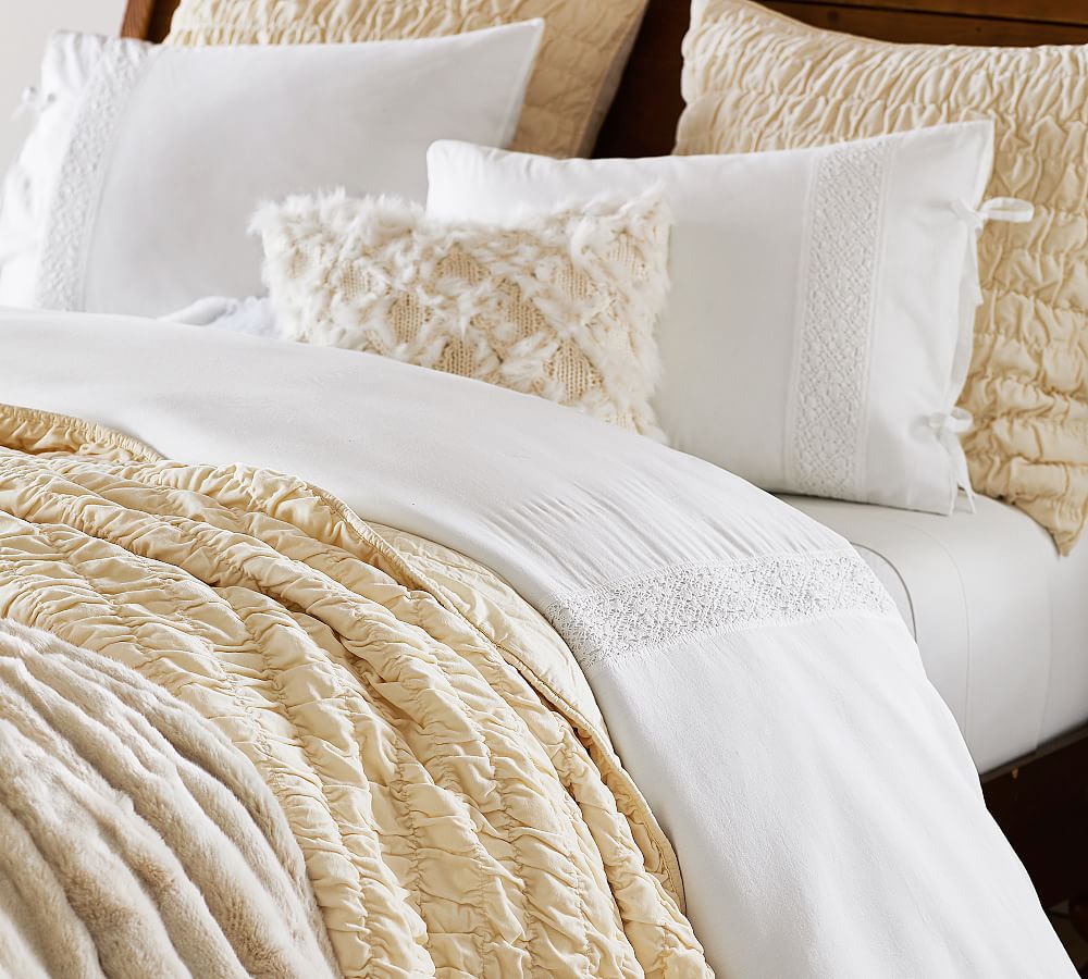 Ivory Ruched Velvet Coverlet & Sham Pottery Barn