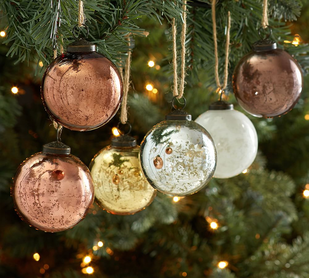Natural Tone Mercury Glass Ball Christmas Ornaments Set of 6