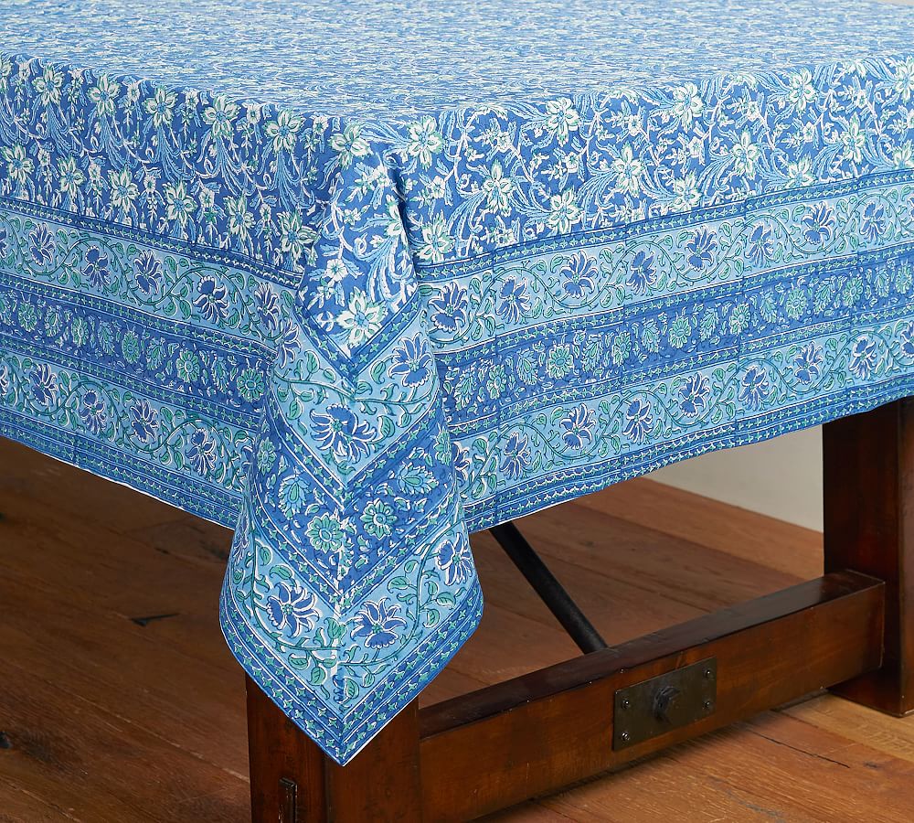 Block Print Climbing Floral Tablecloth - Blue | Pottery Barn