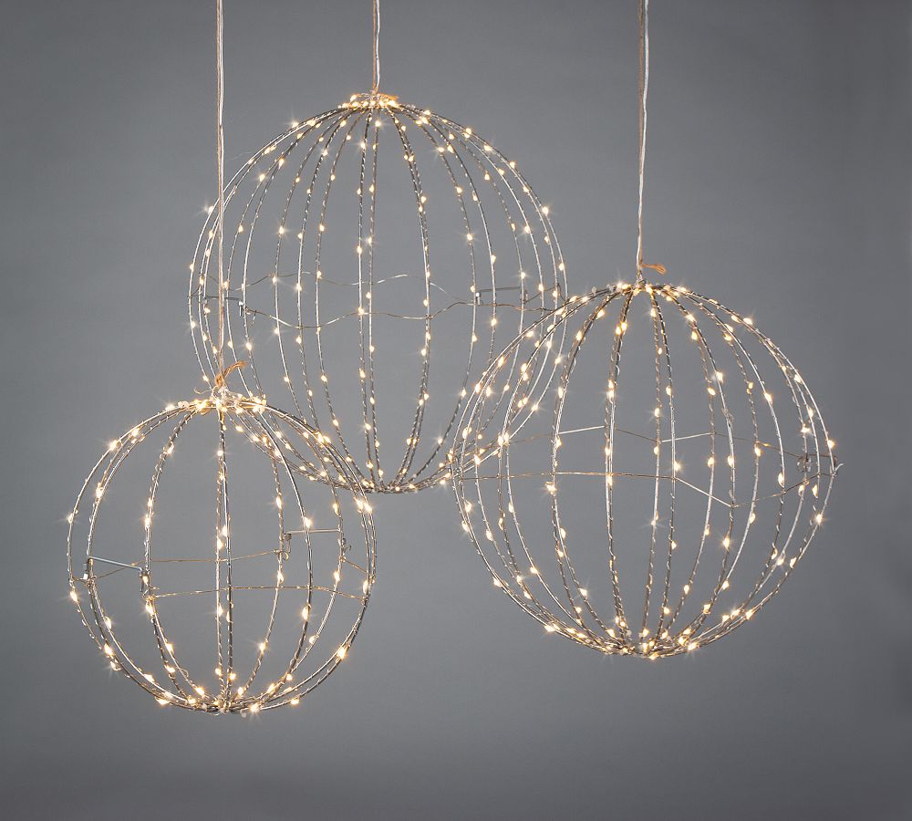 Hanging Silver Spheres With Warm White Lights Set of 3 Pottery Barn