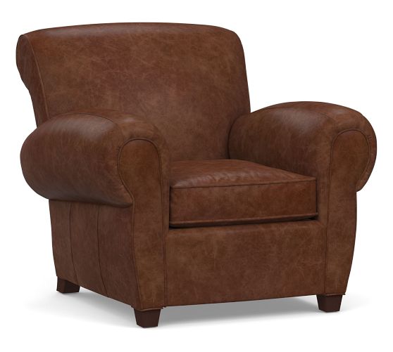 OPEN BOX: Manhattan Leather Armchair, Polyester Wrapped Cushions, Statesville Molasses | Pottery 