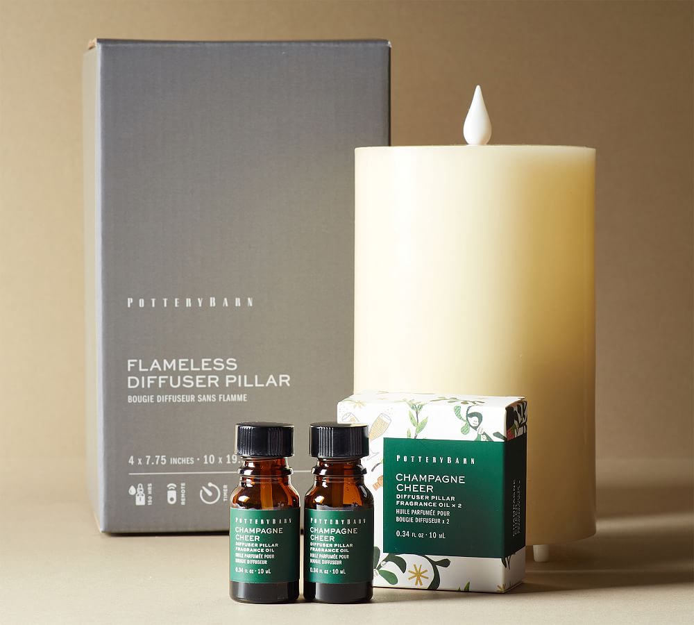 Flameless Oil Diffuser Pillar Candle with Remote + Scented Oil Set