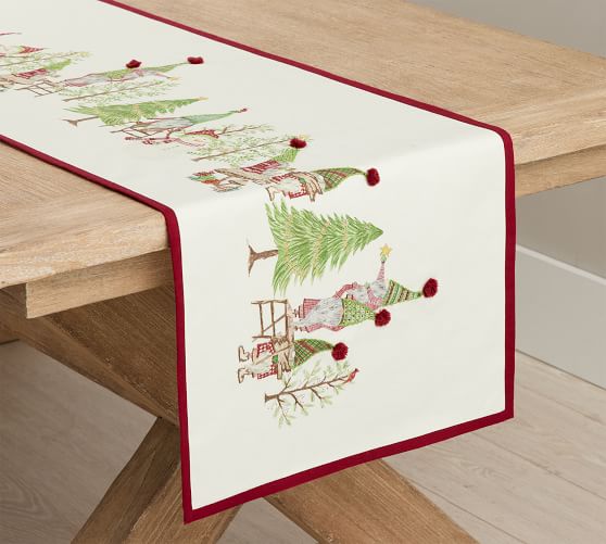 Forest Gnome Embroidered Cotton/Linen Table Runner | Pottery Barn