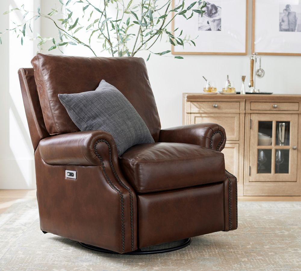 James Roll Arm Leather Power Swivel Glider Recliner Pottery Barn