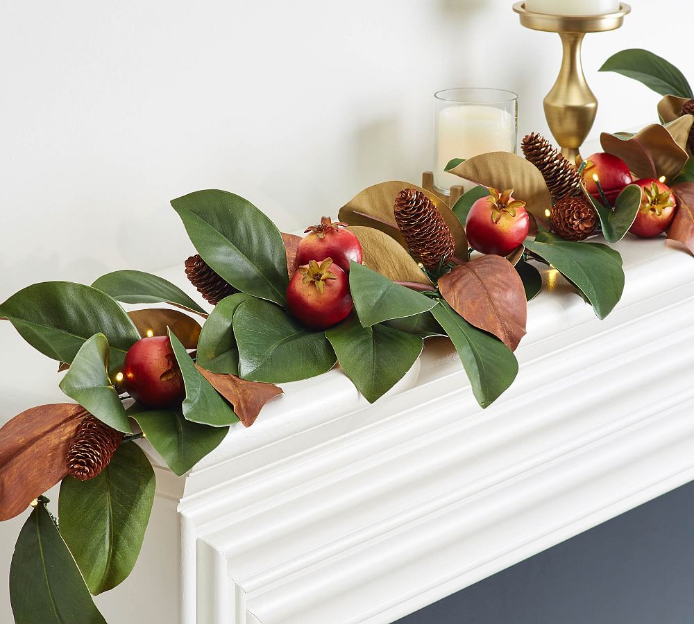 PreLit Faux Magnolia & Pomegranate Garland Pottery Barn