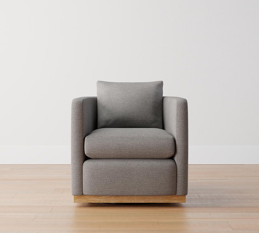 Ayden Barrel Upholstered Swivel Armchair with Wood Base Pottery Barn