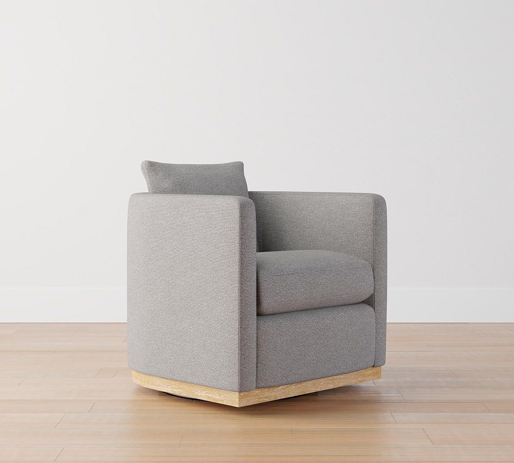 Ayden Barrel Upholstered Swivel Armchair with Wood Base Pottery Barn