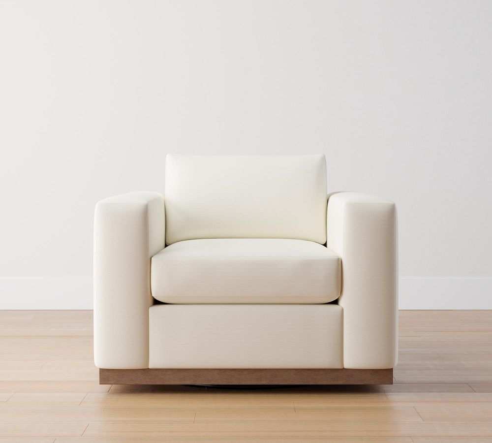 Carmel Square Wide Arm Upholstered Swivel Armchair with Wood Base Pottery Barn