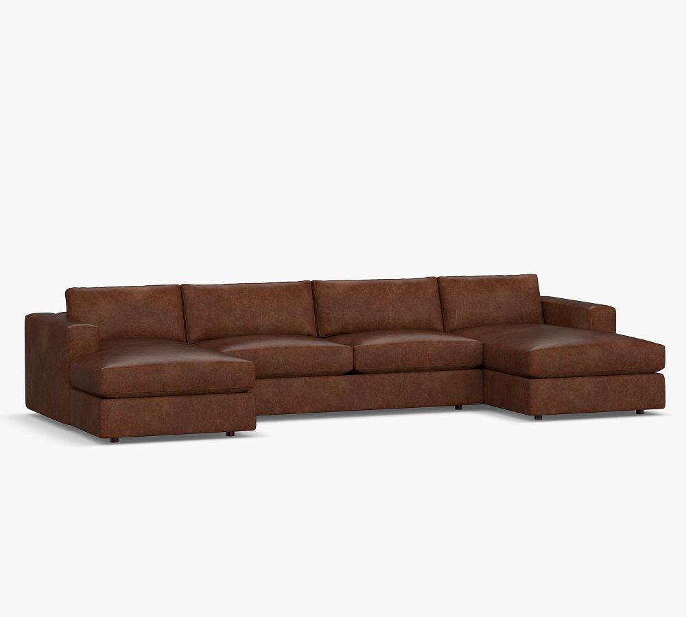 Carmel Square Wide Arm Leather U-Shaped Chaise Sectional | Pottery Barn