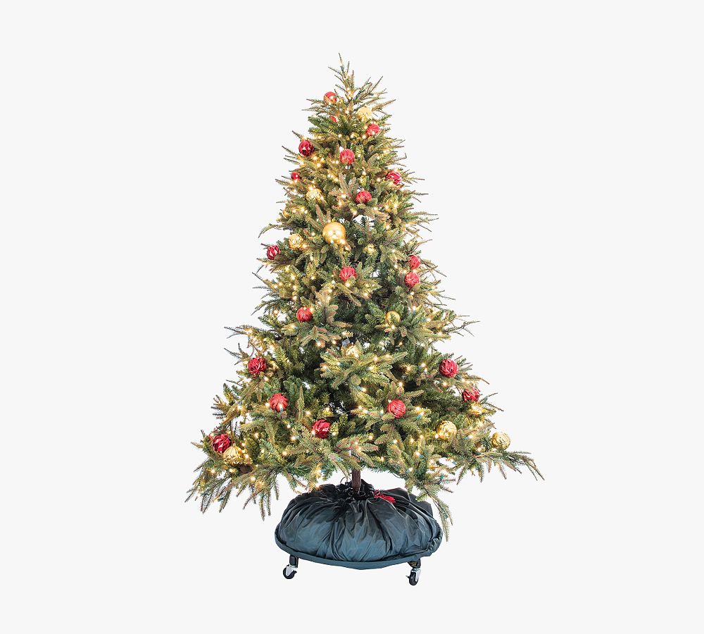 Decorated Upright Tree Storage Bag with Rolling Tree Stand Pottery Barn