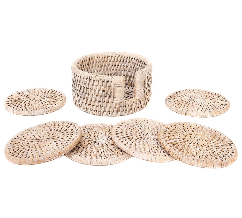 Tava Handwoven Rattan Round Coasters with Holder