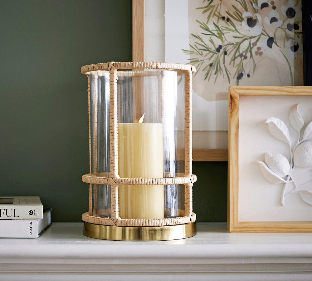 Lila Handcrafted Rattan & Brass Hurricane Candleholder | Pottery Barn