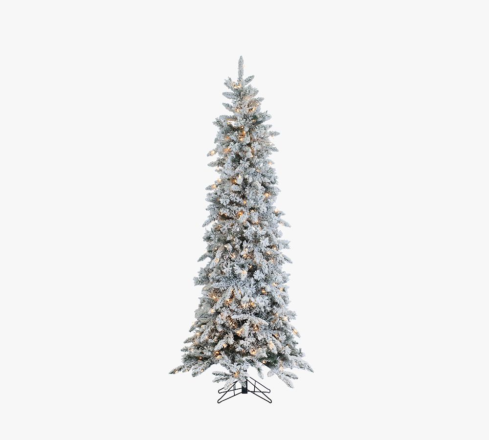 Lit Flocked Pencil Pine Faux Christmas Trees
