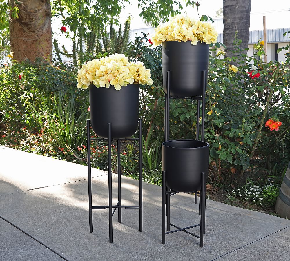 Vienna Black Metal Planters on Stand - Set of 3 | Pottery Barn