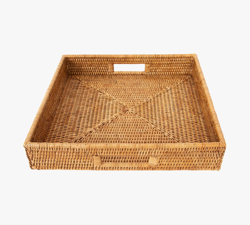 Pottery Barn Tava Handwoven Rattan Serving Tray with Stand