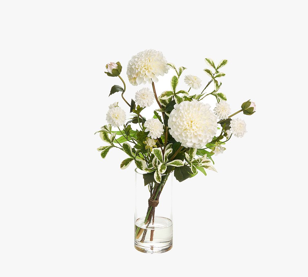 Faux White Dahlia Arrangement Glass Vase