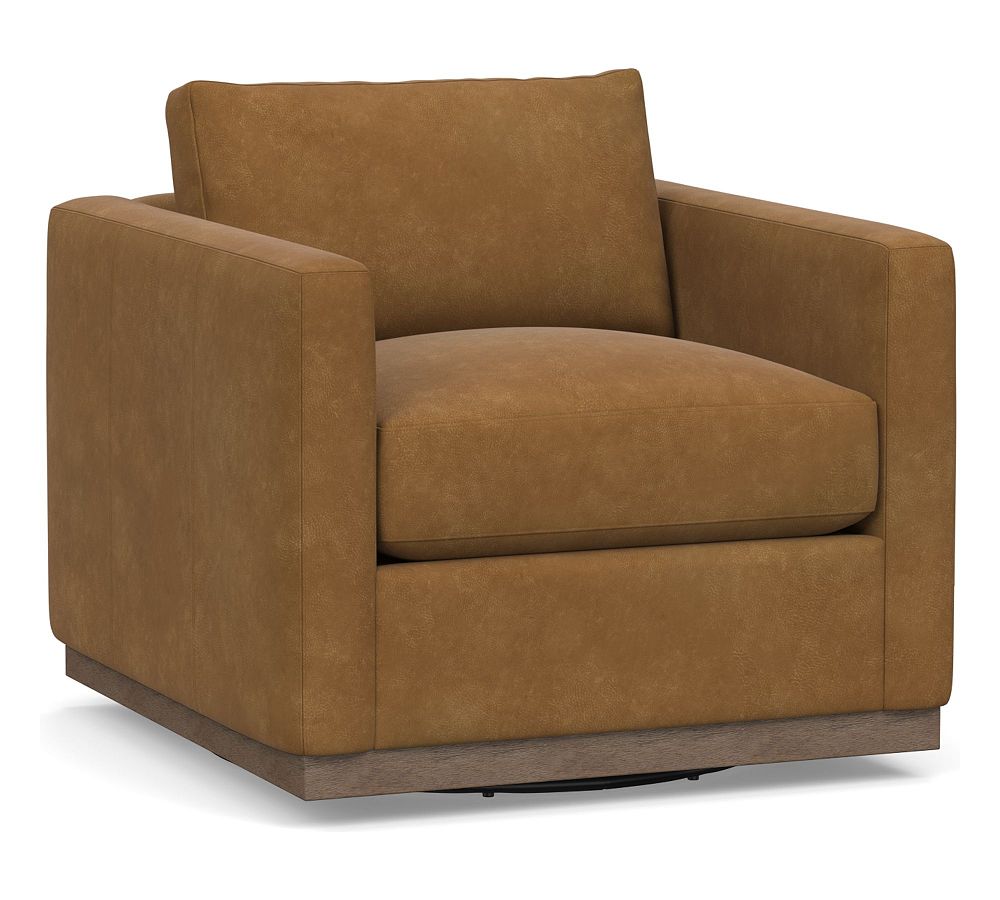 Carmel Square Slim Arm Leather Swivel Armchair with Wood Base