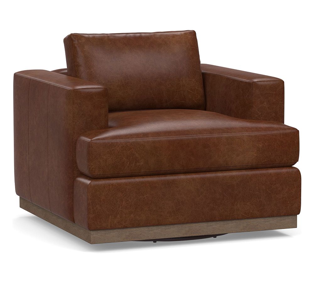 Carmel Recessed Square Arm Leather Swivel Armchair with Wood Base