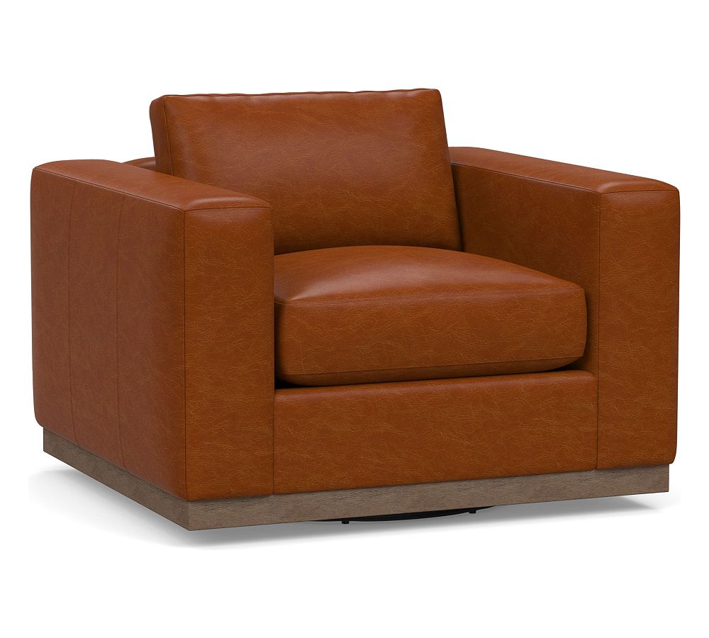 Carmel Square Wide Arm Leather Swivel Armchair with Wood Base
