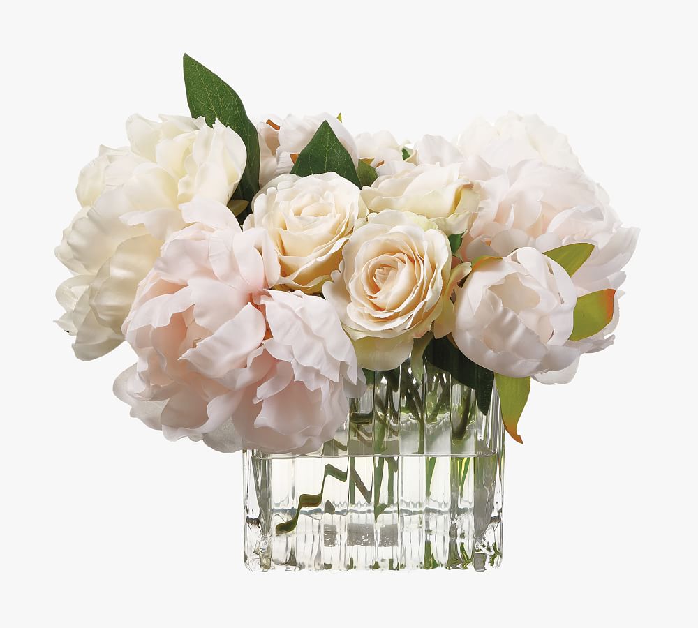 Faux Peony & Rose Arrangement In Glass Vase