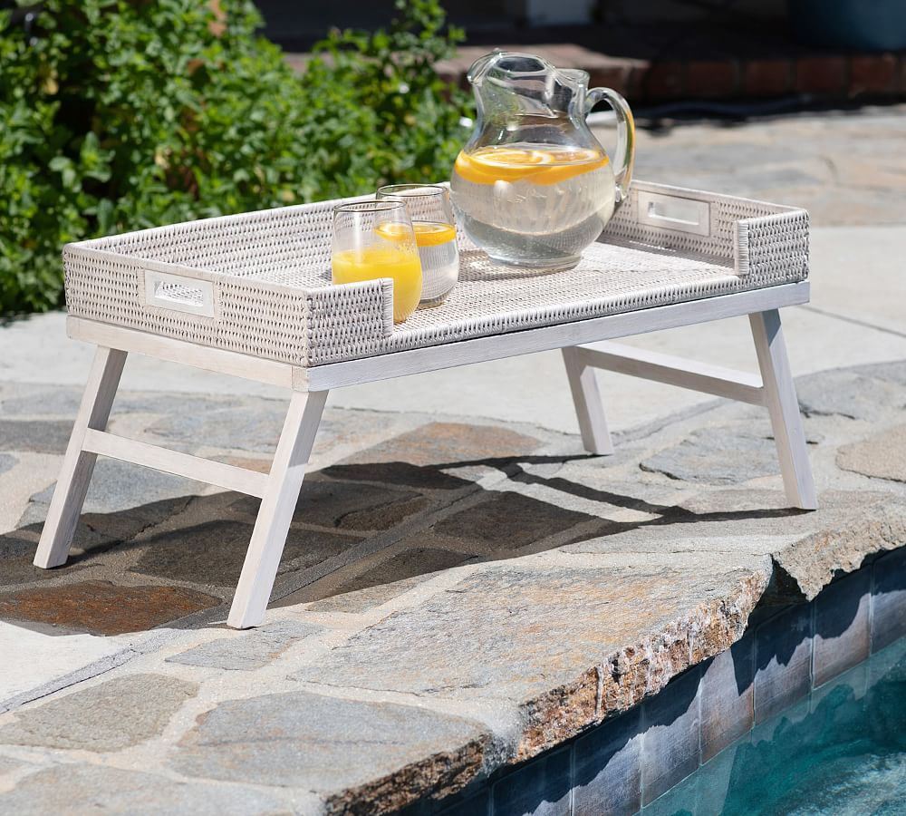 Tava Handwoven Rattan Serving Tray with Stand Pottery Barn